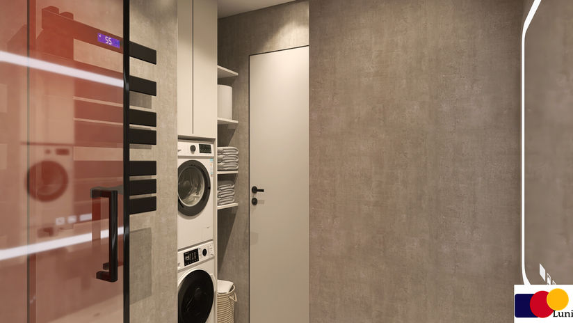 Luxury guest bathroom featuring a walk-in shower, heated towel rail, integrated laundry area, and minimalist contemporary design by Luni.
