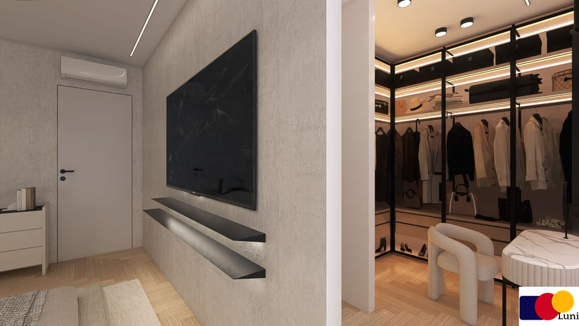 Contemporary master bedroom with integrated walk-in closet, custom wardrobes, ambient LED lighting, and luxury interior design by Luni.