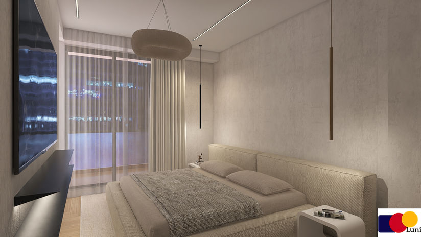 Modern master bedroom with upholstered bed, minimalist lighting, floor-to-ceiling curtains, and contemporary interior design by Luni.