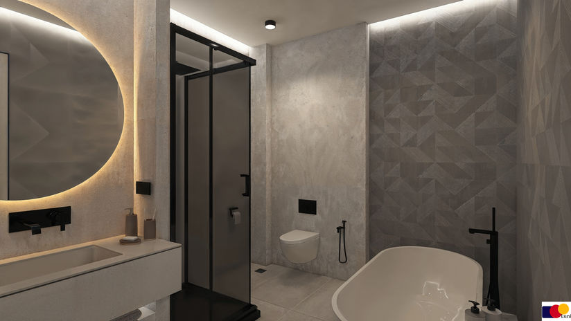 Luxury master bathroom featuring microcement walls, walk-in shower, freestanding bathtub, illuminated mirror, and minimalist interior design by Luni.