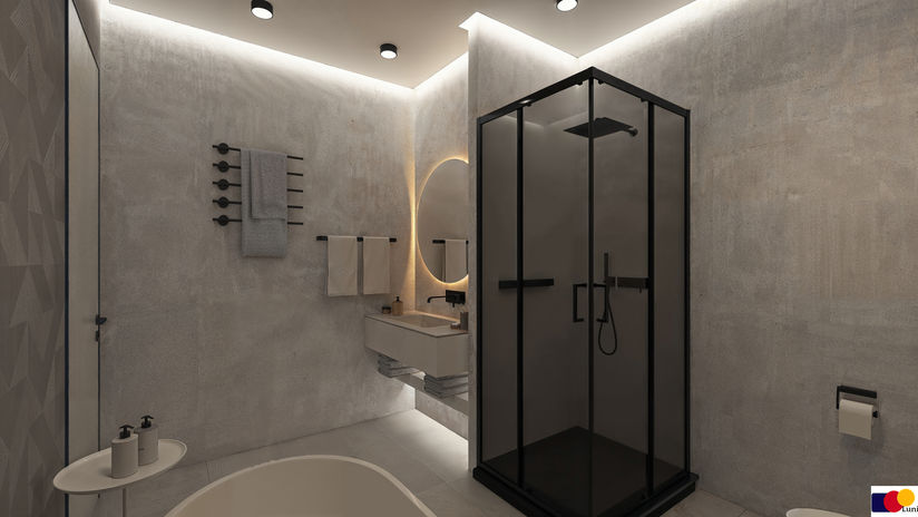 Modern master bathroom with seamless microcement walls, freestanding bathtub, walk-in shower, floating vanity, and contemporary design by Luni.