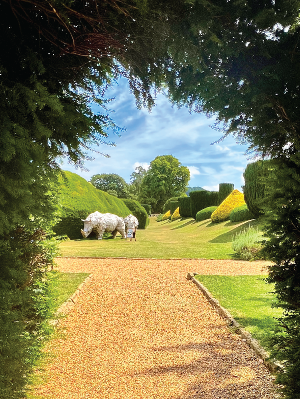 A gravel garden path lined with sculpted topiary and rolling green lawns at Sudeley Castle.