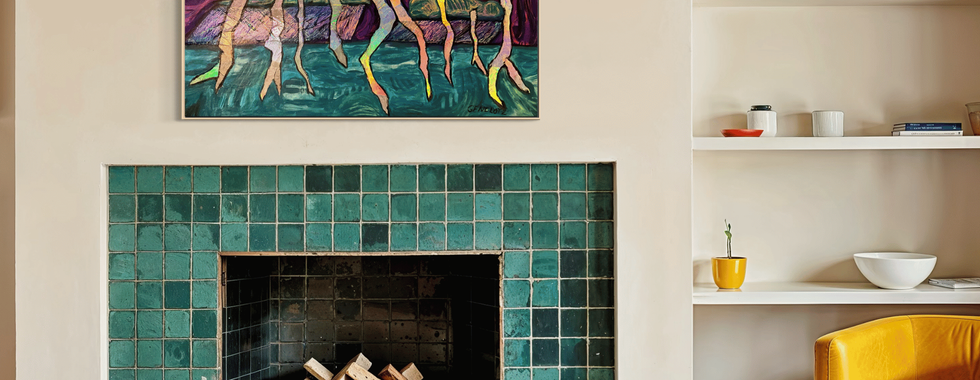 Lightning Storm over Lake Erie by Windsor artist Gene Lotz displayed above a fireplace in a residential interior.