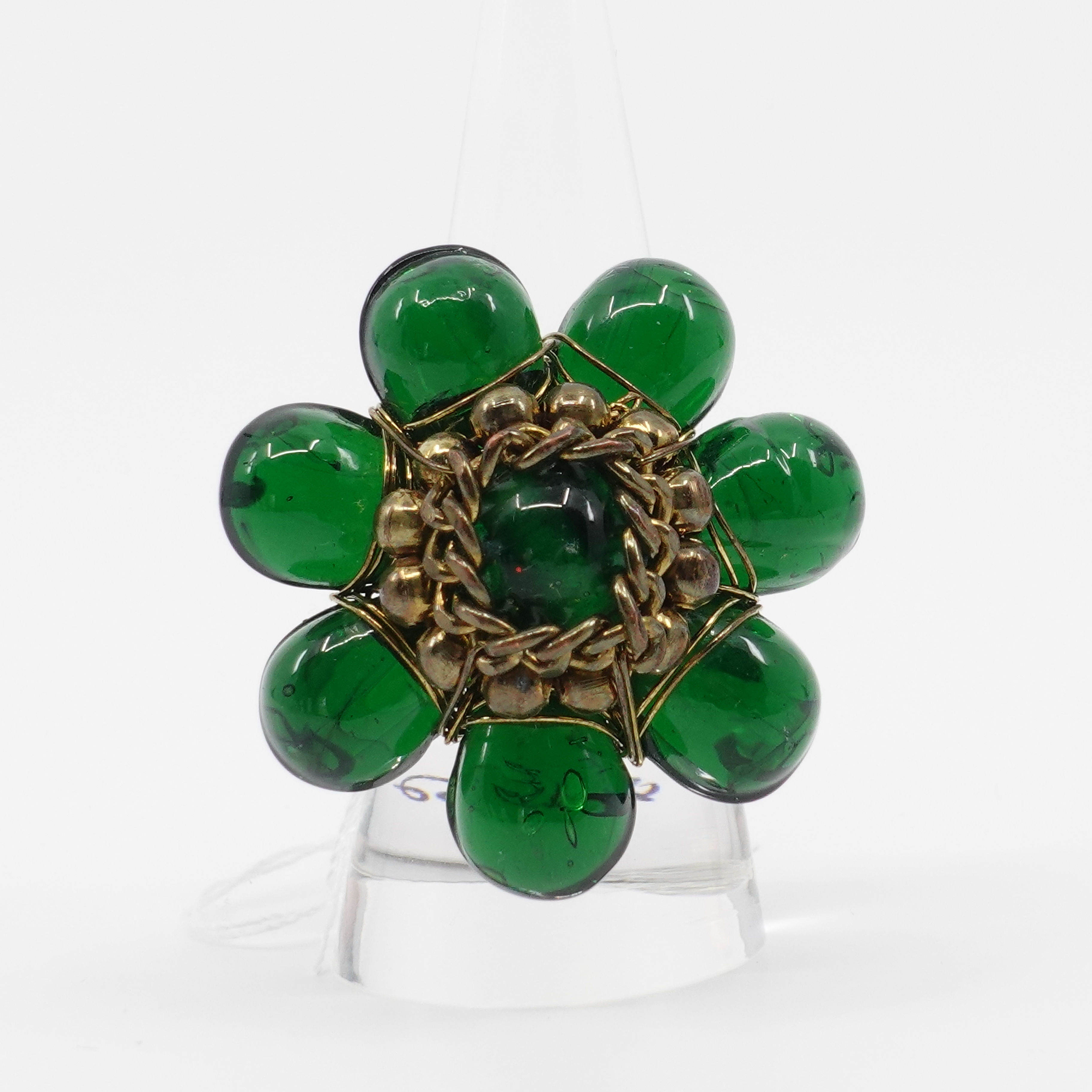 Large Emerald Green Glass Floral Adjustable Statement Ring