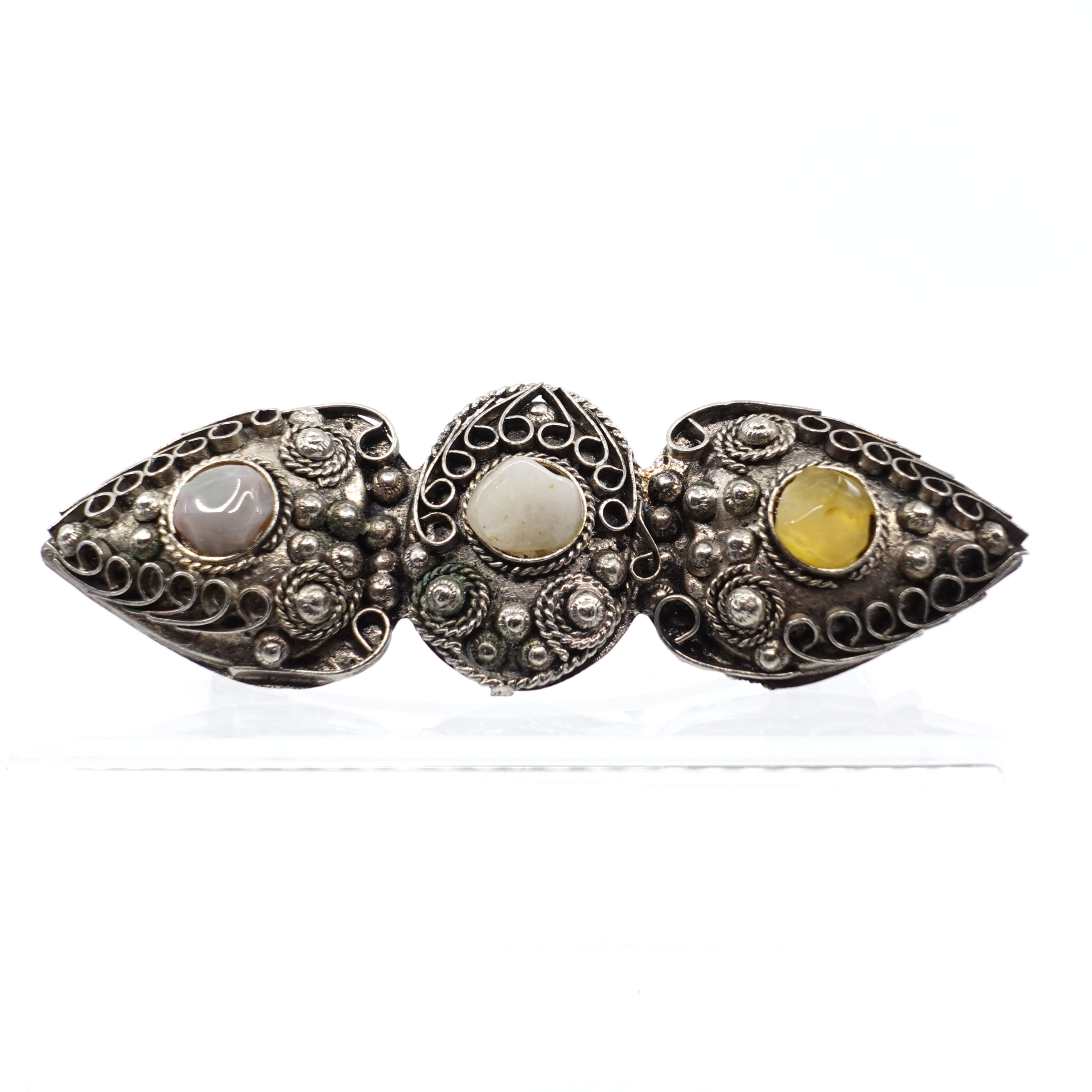 Silver Hair Accessory with Triple Center Stones in Yellow and White
