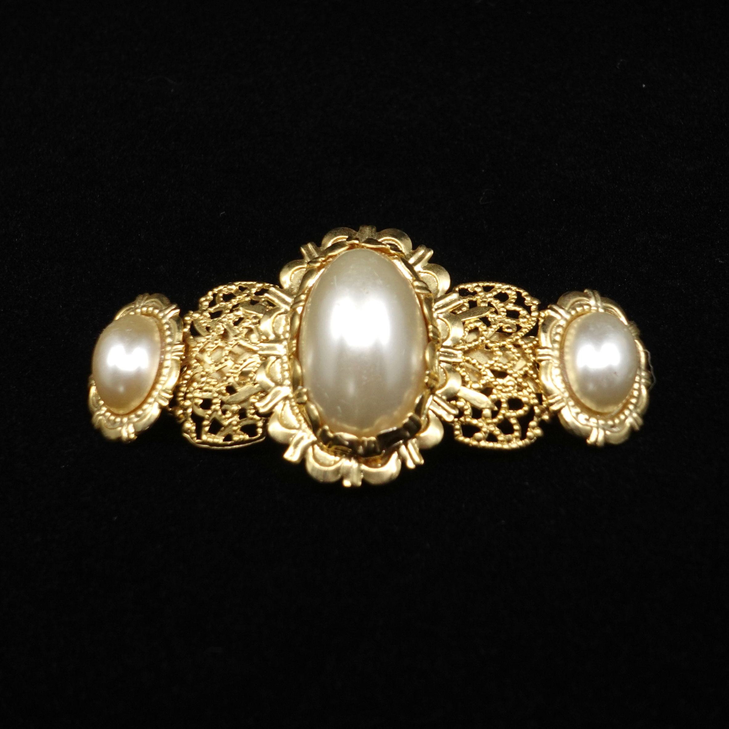 Opulent Triple Pearl & Gold Filigree Hair Barrette