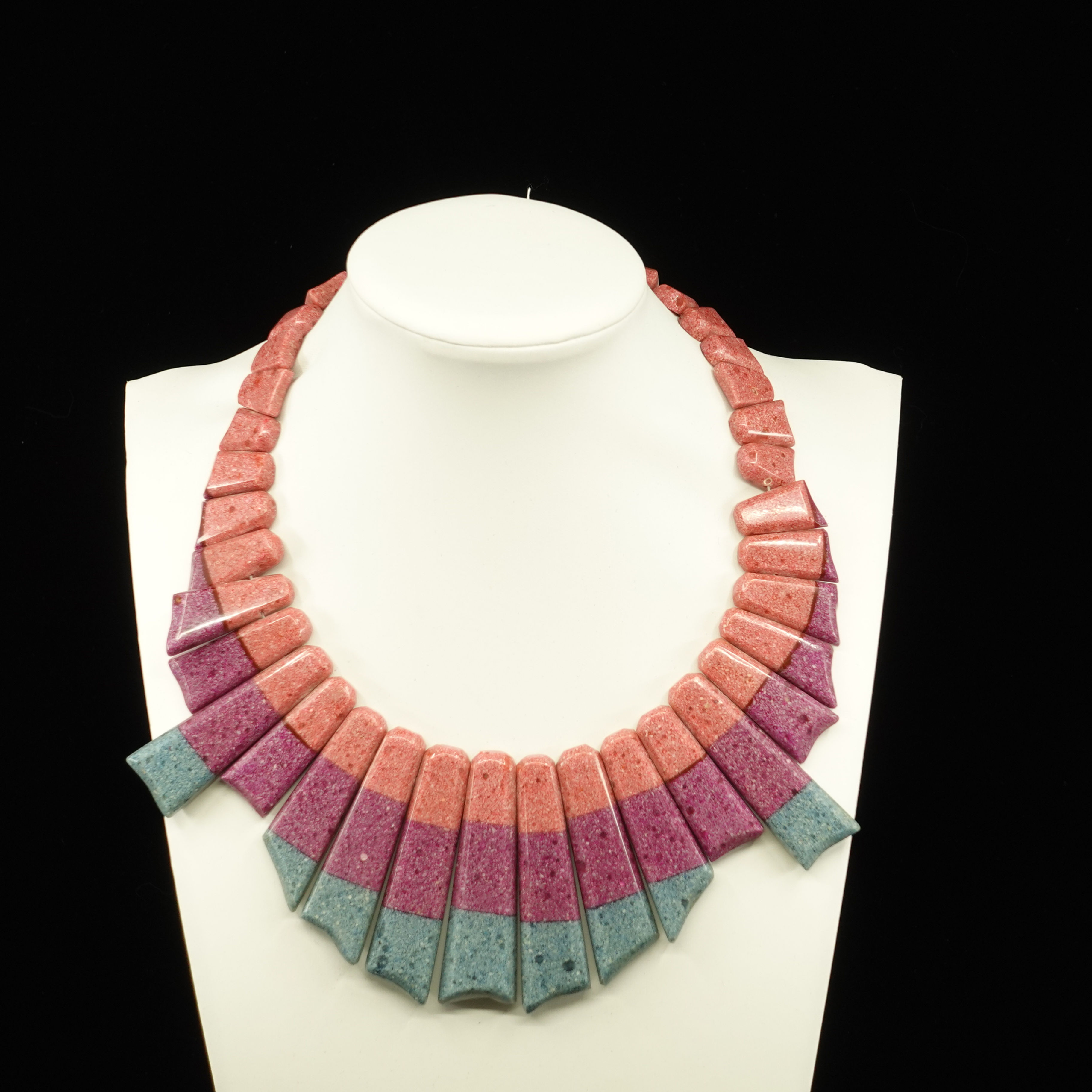 80s Terracotta and Teal Speckled Ceramic Graduated Panel Statement Necklace