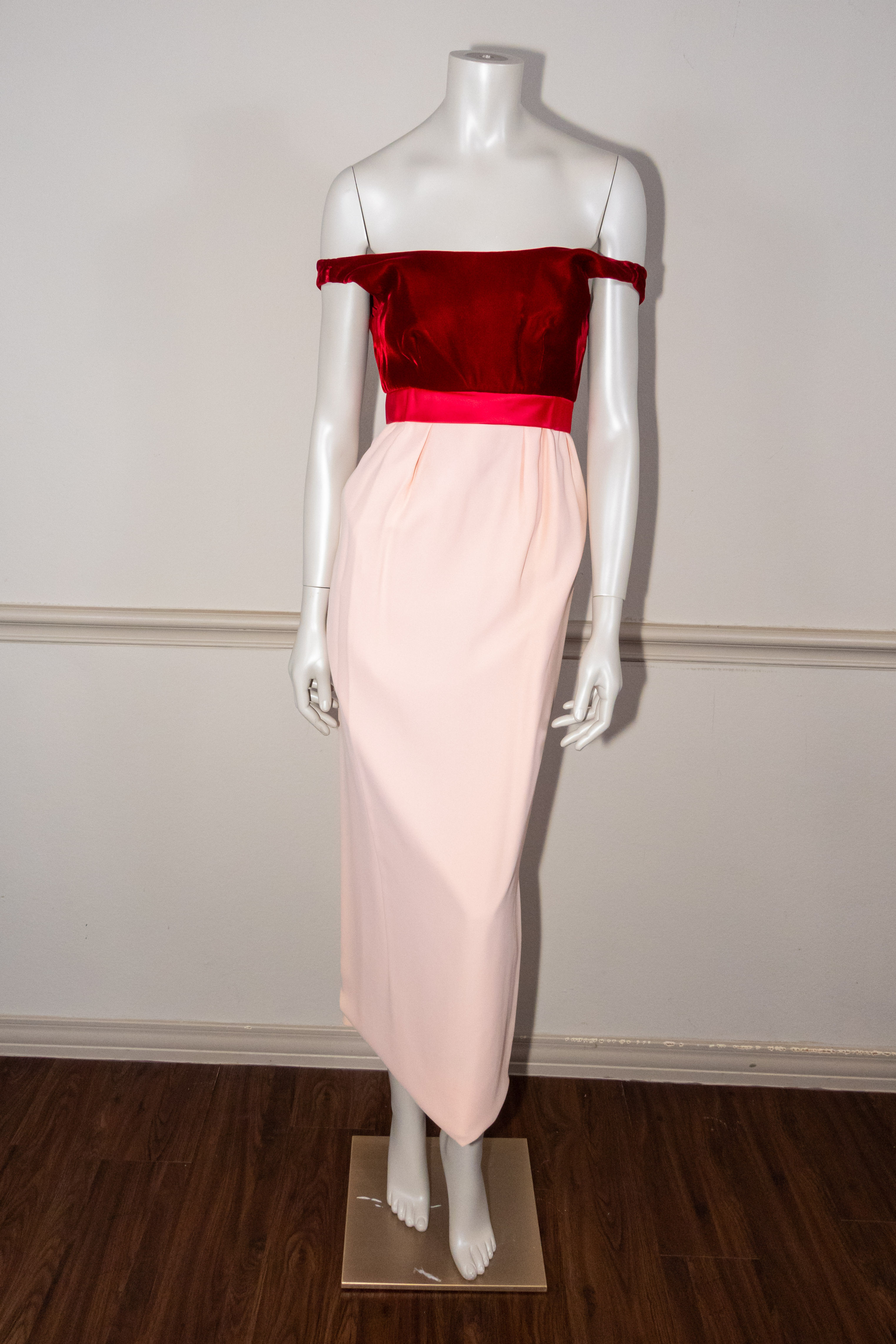 1960s Crimson Velvet & Ballet Pink Acetate Evening Gown