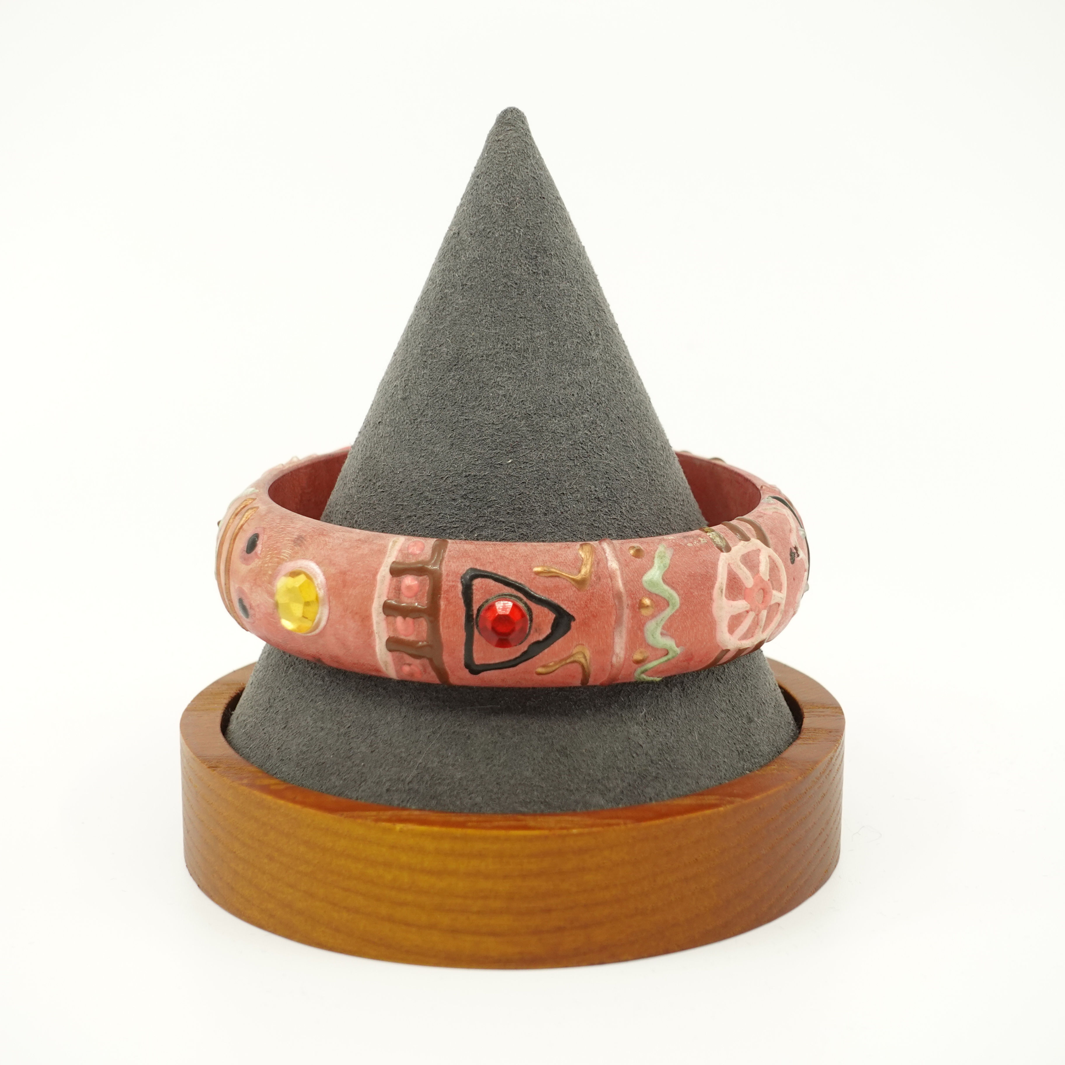 Terracotta Pink Wooden Bangle Bracelet with Raised Paint Tribal Design