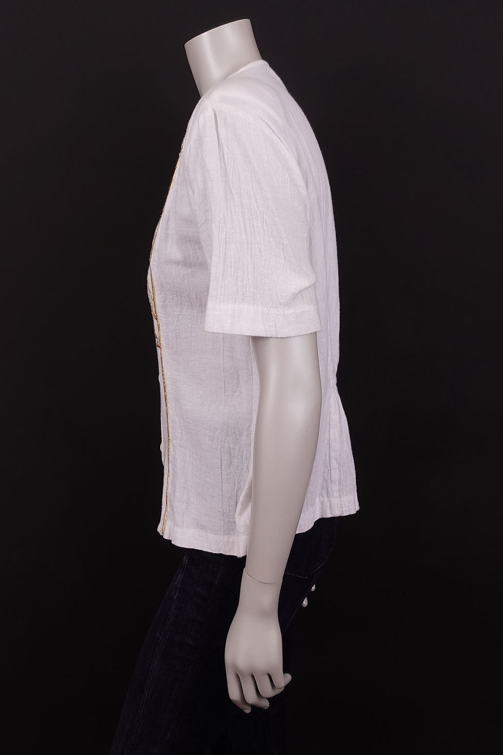 Thumbnail: 80s White Gauzy Cotton Deep V-Neck Top with Gold Details