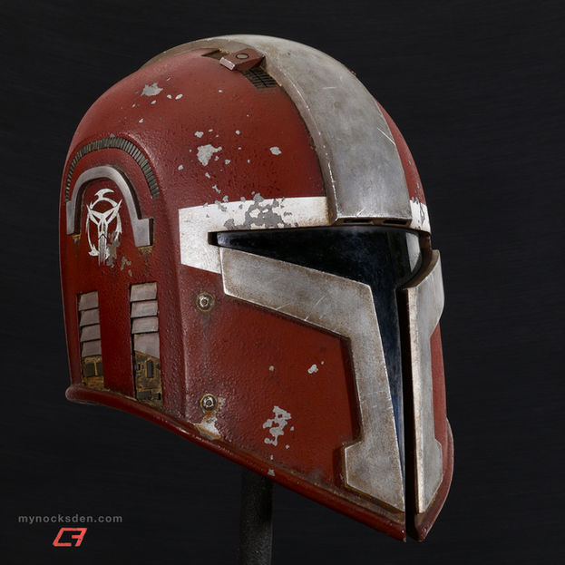 Mynock's Den SWTOR "Hunter" Mandalorian Helmet, front-right view showing the Mandalorian Neo Crusader emblem.