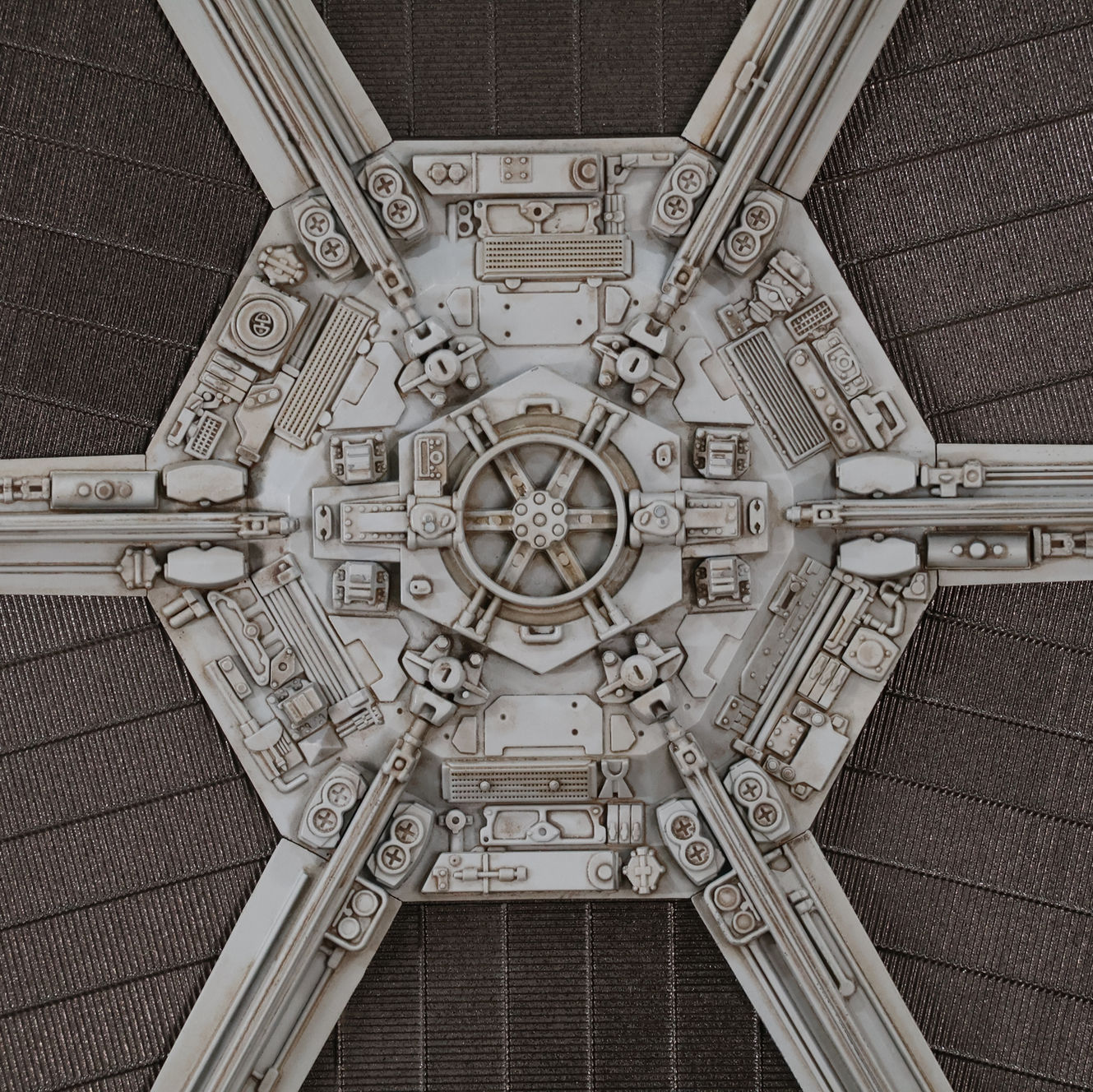 AMT Studio Series TIE Fighter painted model kit, showcasing the detail on the solar panel center spoke hub.