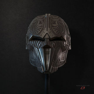SWTOR Sith Acolyte two-part helmet, cold-cast in aluminum-infused resin for a realistic metallic look. Padded, and ready to wear. Front view.