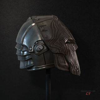 SWTOR Sith Acolyte two-part helmet, cold-cast in aluminum-infused resin for a realistic metallic look. Padded, and ready to wear. Right side profile view.