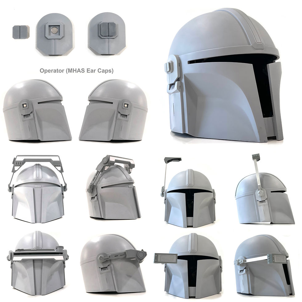 Thumbnail: Mynock's Den Mandalorian Operator Helmet resin cast variations, depicted with MHAS ears, Macrobinoculars and Range Finder.