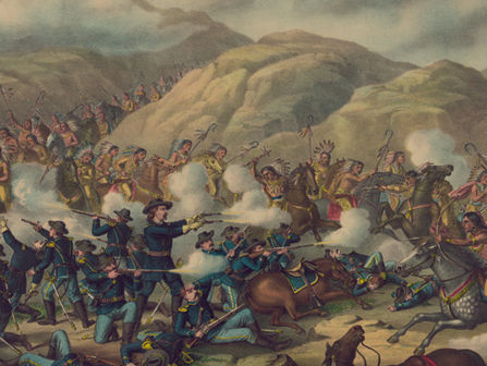 An 1889 artist's rendition of the Battle of Little Big Horn between the Sioux Native Americans and army troops led by Colonel George Custer.