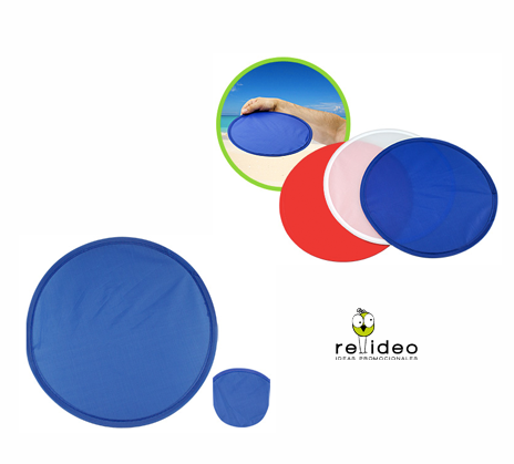 Frisbee (disco volador) plegable de poliéster. Se guarda plegado en mini-funda de poliéster.