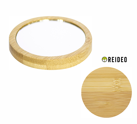 Madera y vidrio. Espejo circular revestido en madera de bambú.