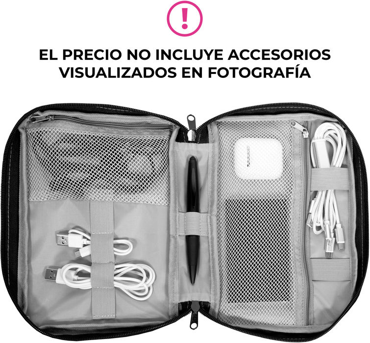 Organizador para cables y accesorios. Cuenta con dos bolsillos de red con cierre. 4 elásticos que permiten enrollar cables