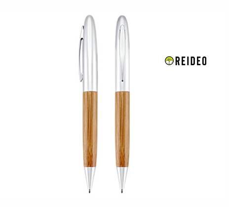 Bolígrafo Ejecutivo de Madera de Bamboo con cuerpo superior y clip metálicos satinados, tinta azul.