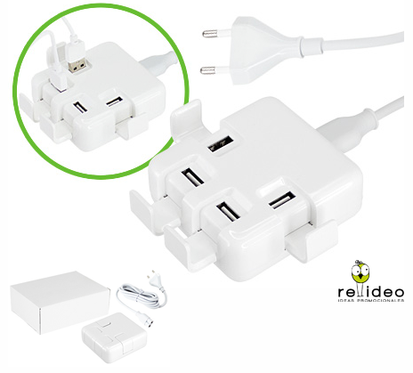 Hub USB 4 puertos modelo "Power Strip", en plástico ABS blanco, con amplio espacio para logo.