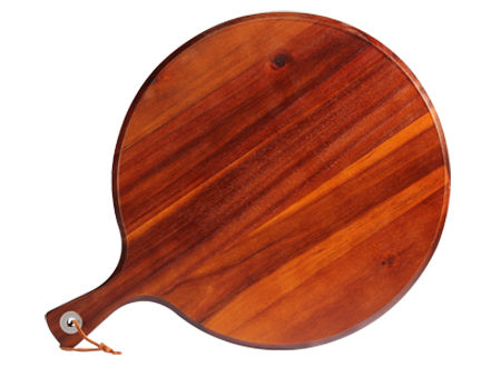 Amplia tabla redonda de madera sólida de ACACIA, con asa, ideal para cortar y servir Pizza.