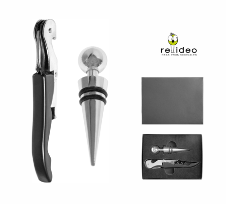 Set accesorios para vinos. Sacacorcho y tapón de metal. Estuche de cartón.