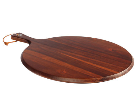 Amplia tabla redonda de madera sólida de ACACIA, con asa, ideal para cortar y servir Pizza.