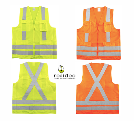 Chaleco Reflectante de Seguridad, 100% tela poliéster 120 g/m2 fluorescente con bandas reflectantes color plateado de 5 cm