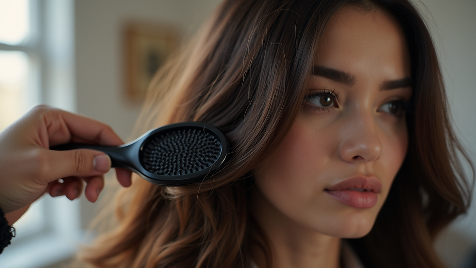 Close-up view of a natural human hair wig being gently brushed