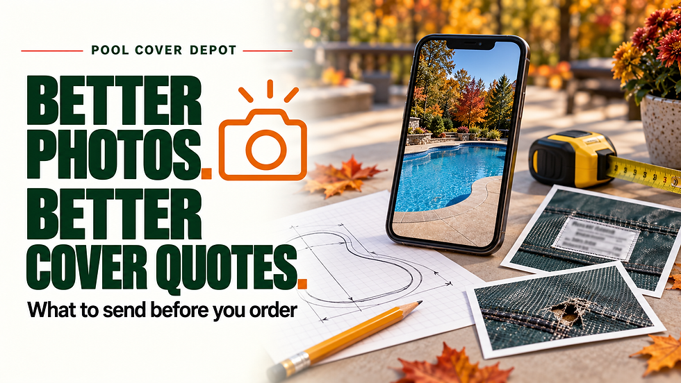 Pool Cover Depot quote-photo checklist, showing a pool photo, cover label and damage details.
