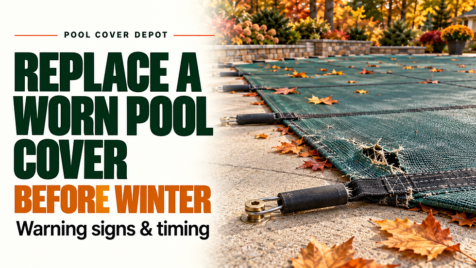 Replace a worn pool cover before winter: torn mesh, frayed webbing and cover attachment details.