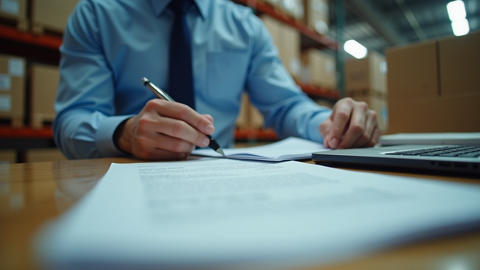 Eye-level view of a customs officer inspecting shipment documents
