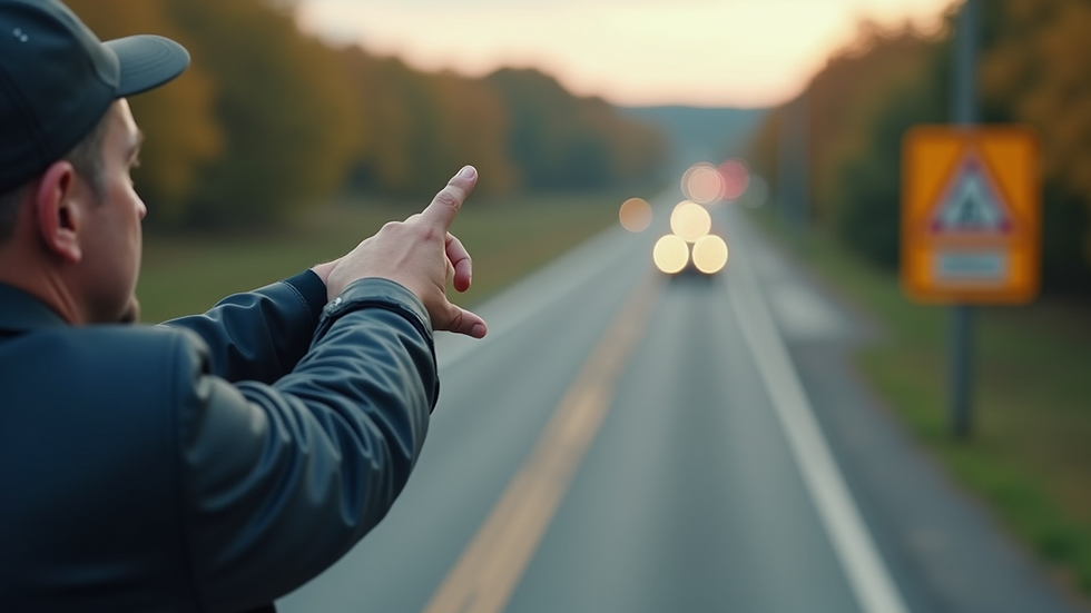 High angle view of a driving instructor pointing at a road sign