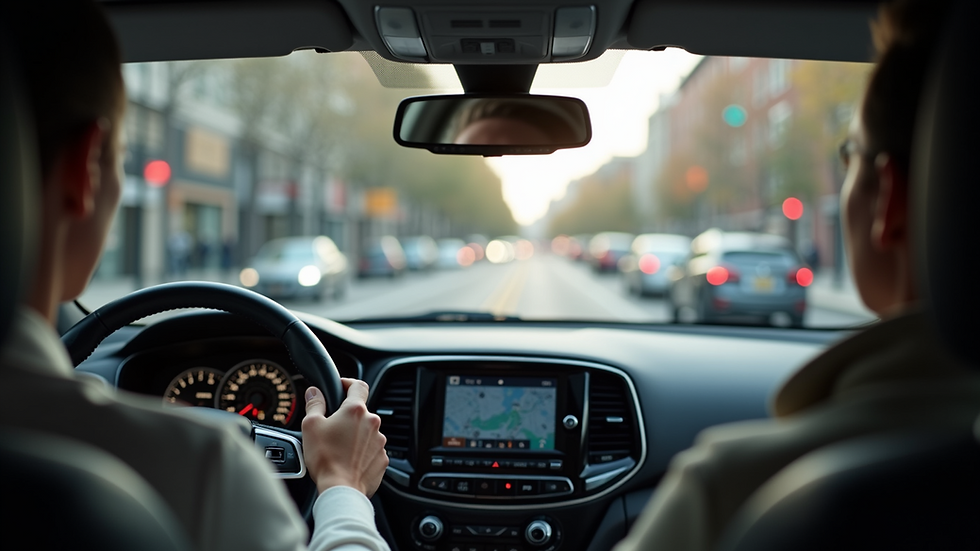 Close-up view of a car dashboard during a driving lesson on a city street