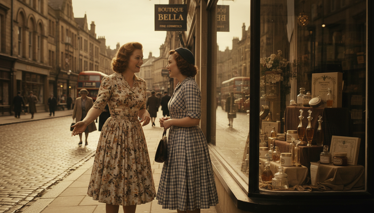 Wide-angle view of two women chatting beside a 1950s shop window.