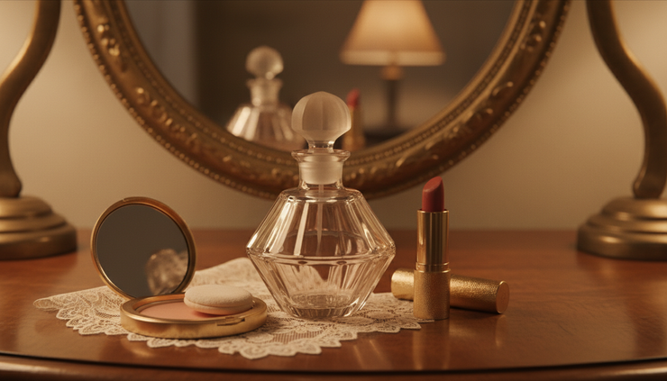 Close-up of a vintage perfume bottle on a dressing table.