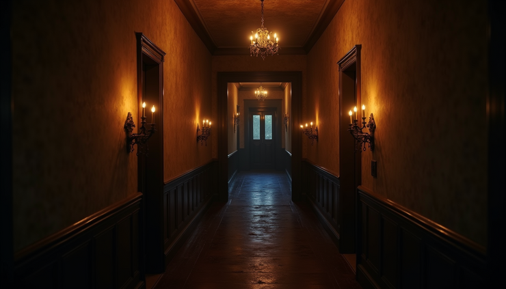 Eye-level view of a dimly lit old mansion hallway with flickering candlelight
