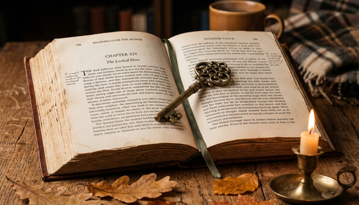 Close-up of an old key resting on an open historical mystery book