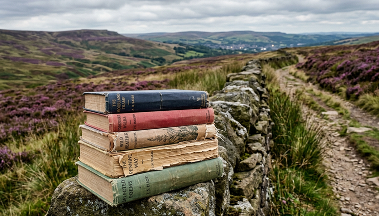 Close-up of a small stack of books on a stone wall near a moorland path.