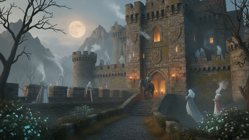 Eye-level view of ancient stone castle walls with misty background