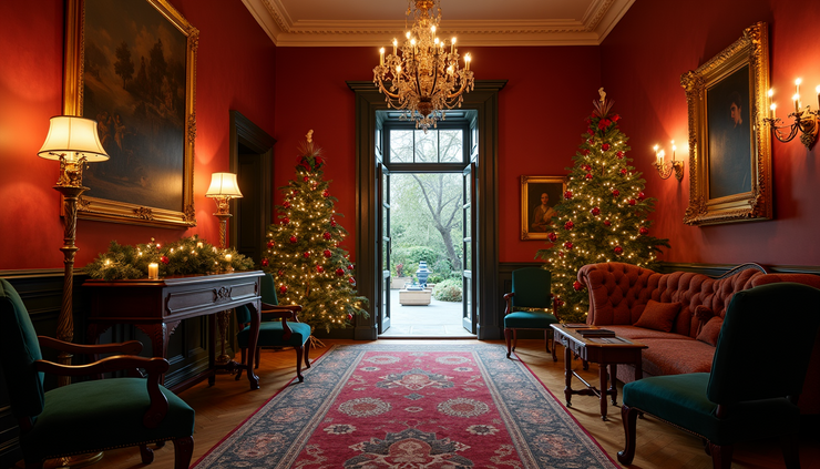 Eye-level view of the grand entrance hall of an old English manor decorated for Christmas with flickering candlelight and antique furnishings