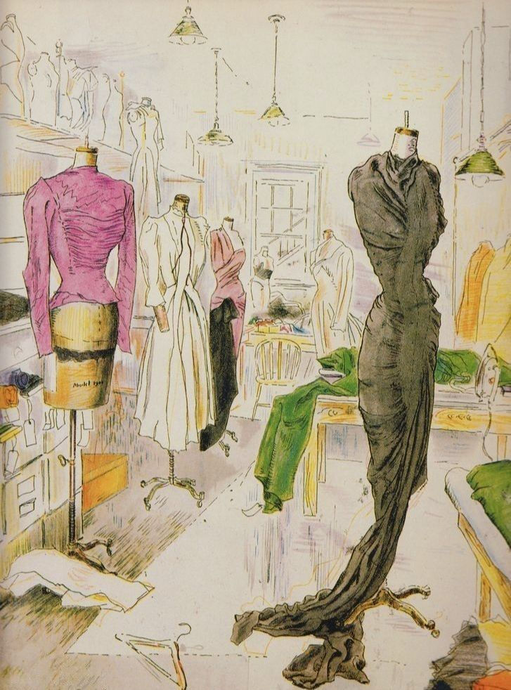 Eye-level view of a vintage British dressing room with colorful 1950s fashion pieces hanging neatly
