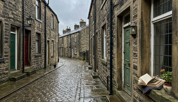 Eye-level view of a narrow stone street with terraced houses in Huddersfield.