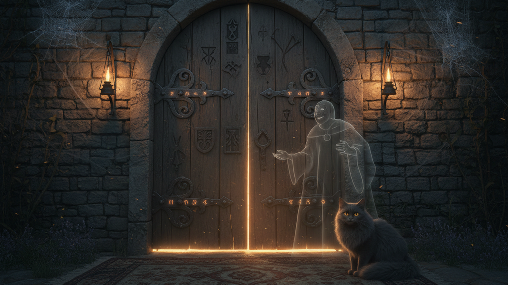 Close-up view of ancient wooden door with iron hinges in a haunted castle