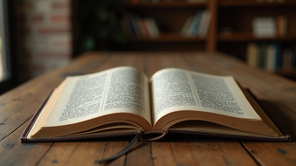 Eye-level view of a vintage book resting on a wooden table