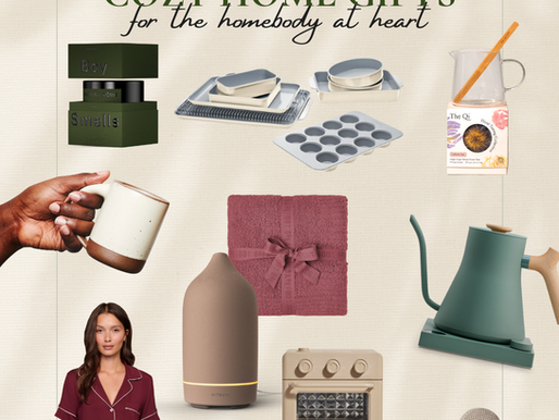 Cozy home gift guide with neutral-toned slippers, candles, diffuser, soft throw blanket, kitchen essentials, and calming home accents for comfort lovers.