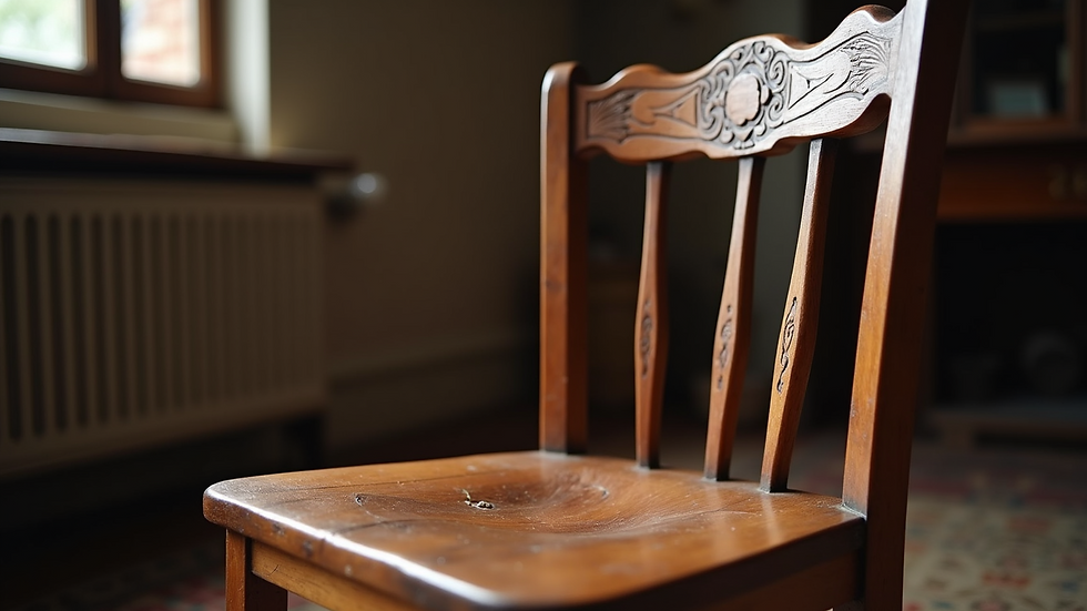 Eye-level view of a vintage wooden chair with intricate carvings