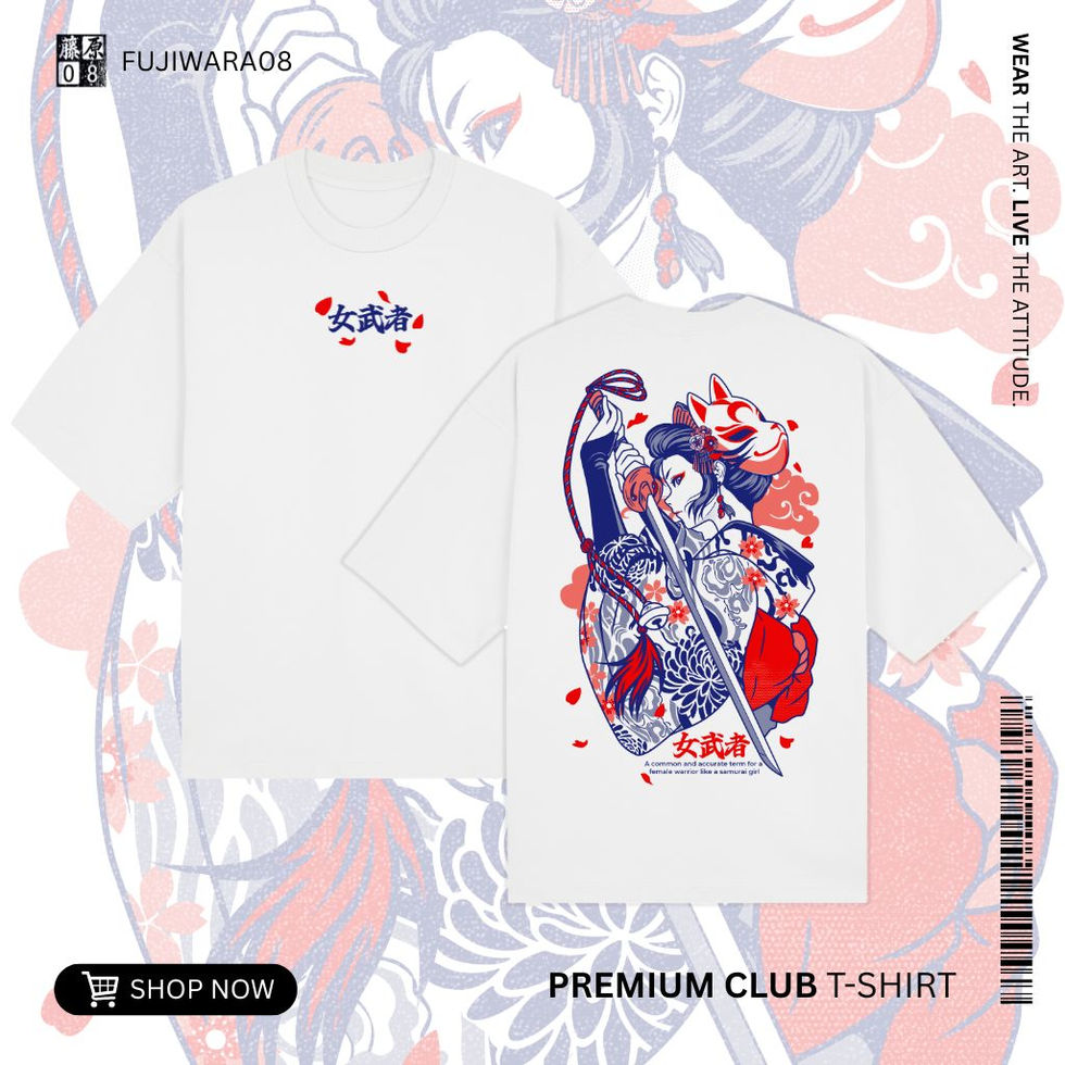Front and back view of a white "Samurai Girl" graphic print crew neck t-shirt with red and blue Japanese art.