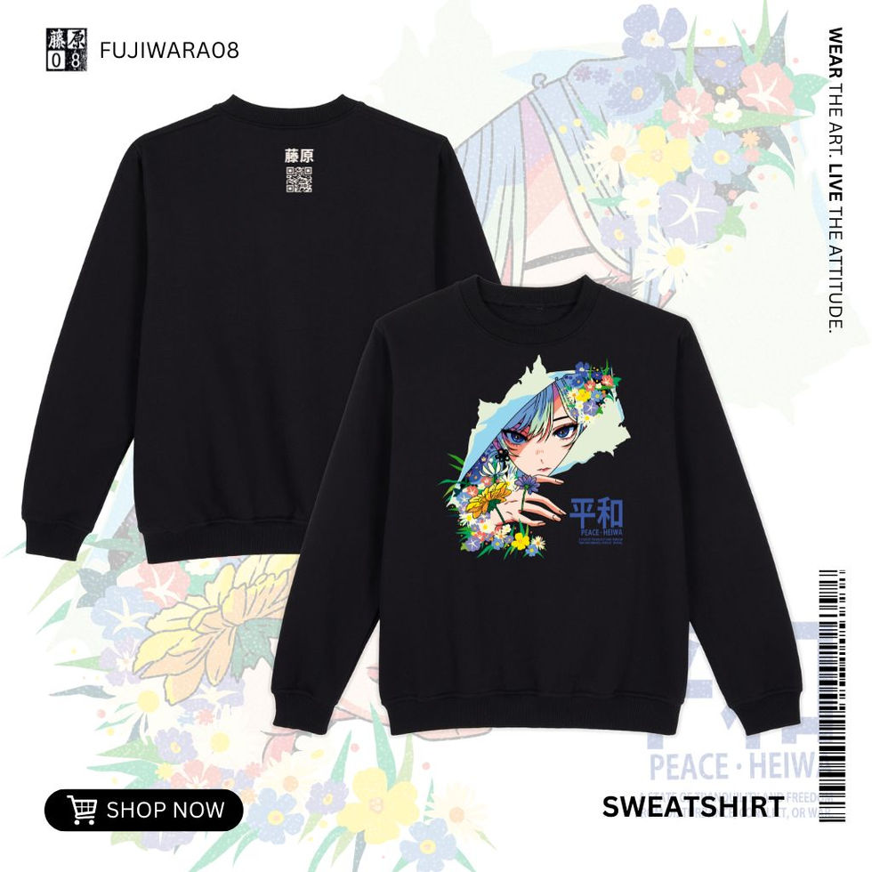 Black "Peace Heiwa" unisex anime sweatshirt with vibrant blue and yellow floral character illustration and Japanese text